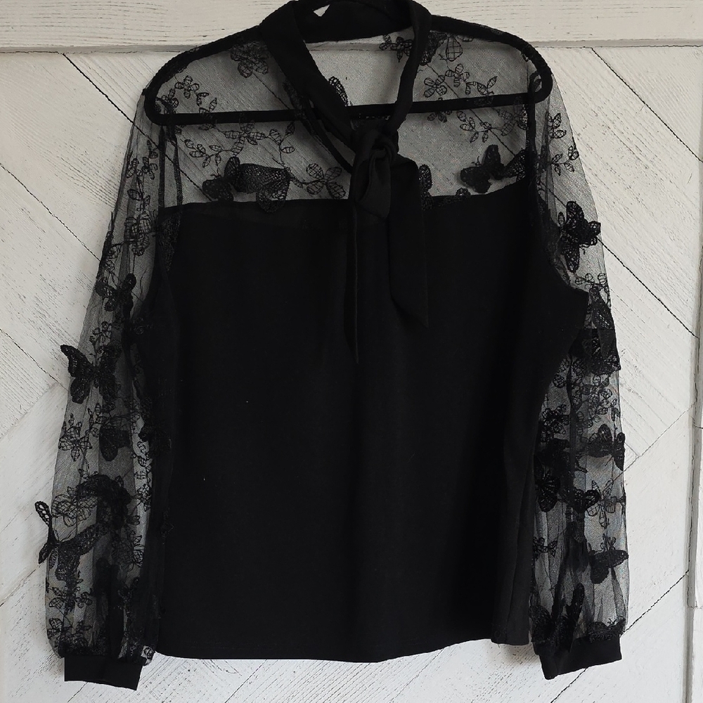 SHEIN Black Sheer Lace Butterfly Blouse